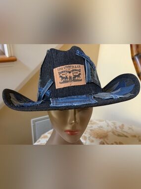Upcycled Levi's inspired Black denim and Blue an camo Patchwork cowboy Hat